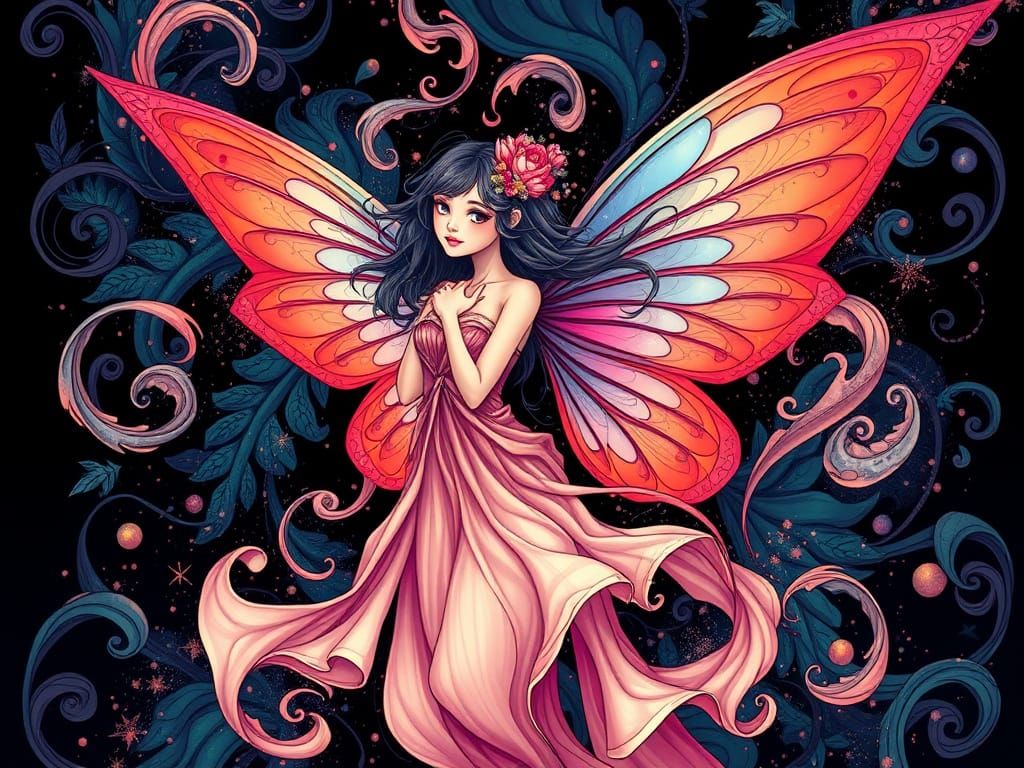 Enamel Fairy in Flowing Attire, Digital Art