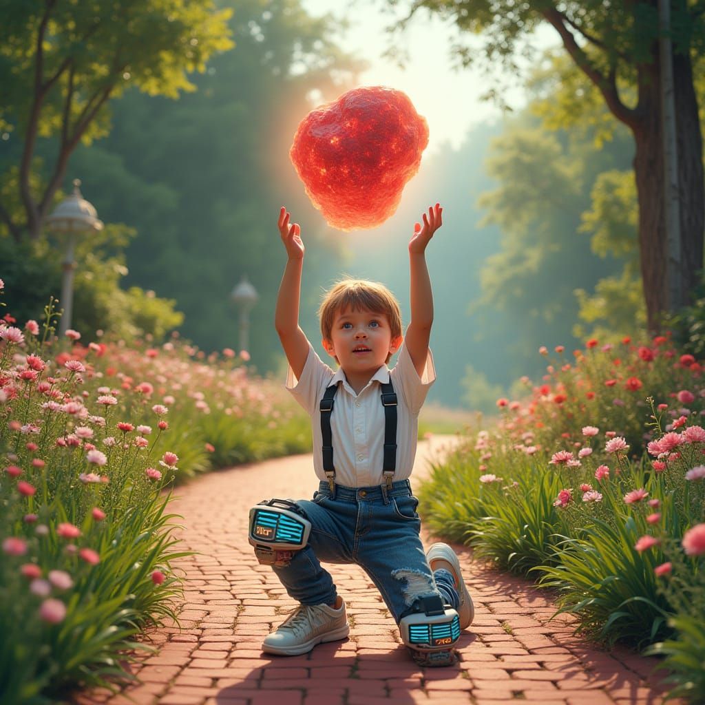 Young Boy Receives Cosmic Gift in Vibrant Garden Oasis