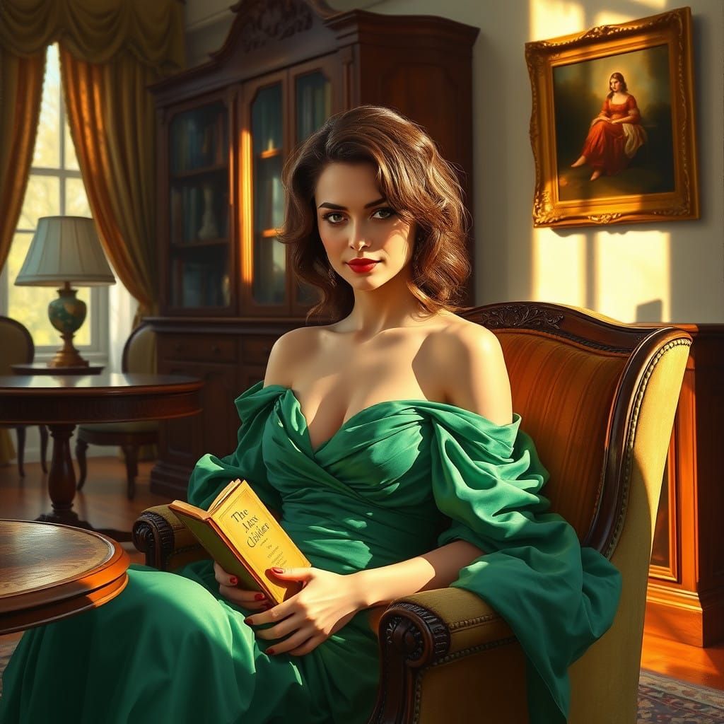 Serene Lady in Emerald Green, Vintage Elegance