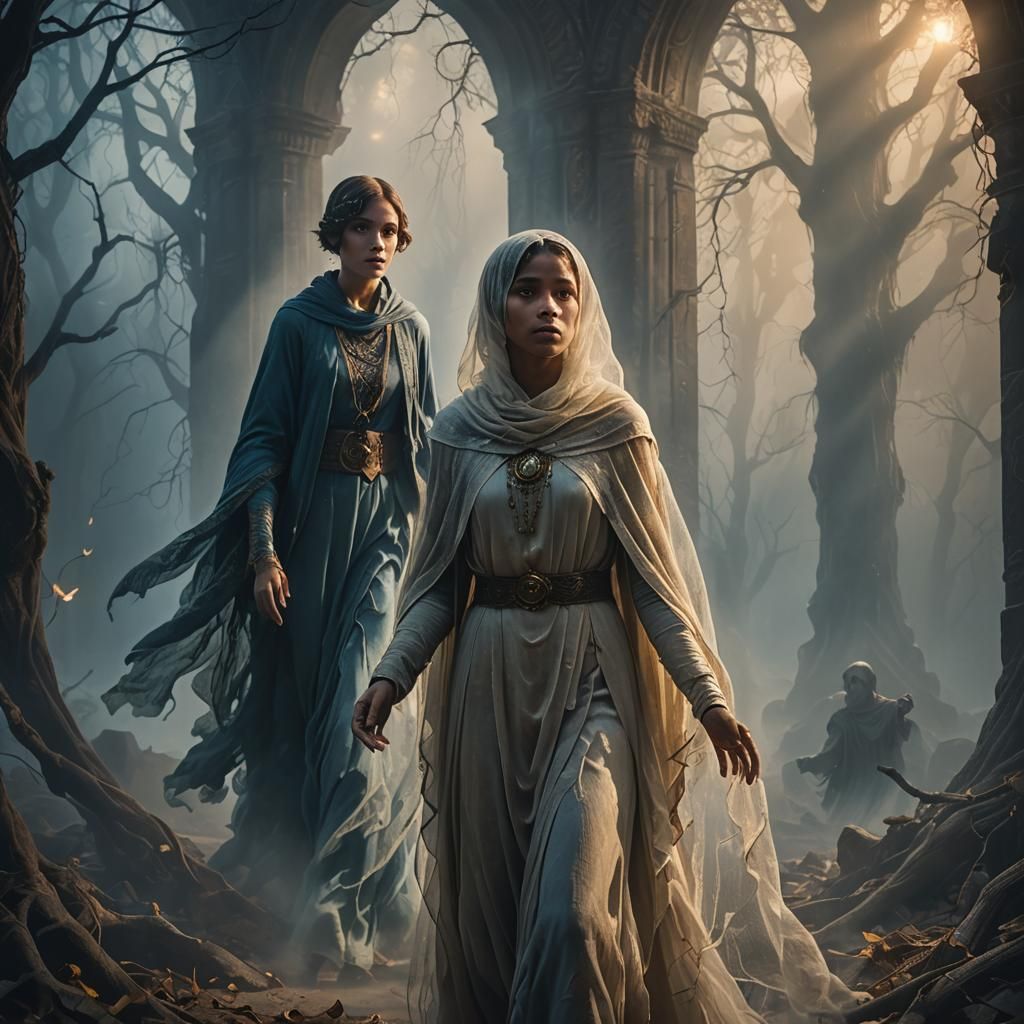 Boy Protected by Ghost Woman: Fantasy Art