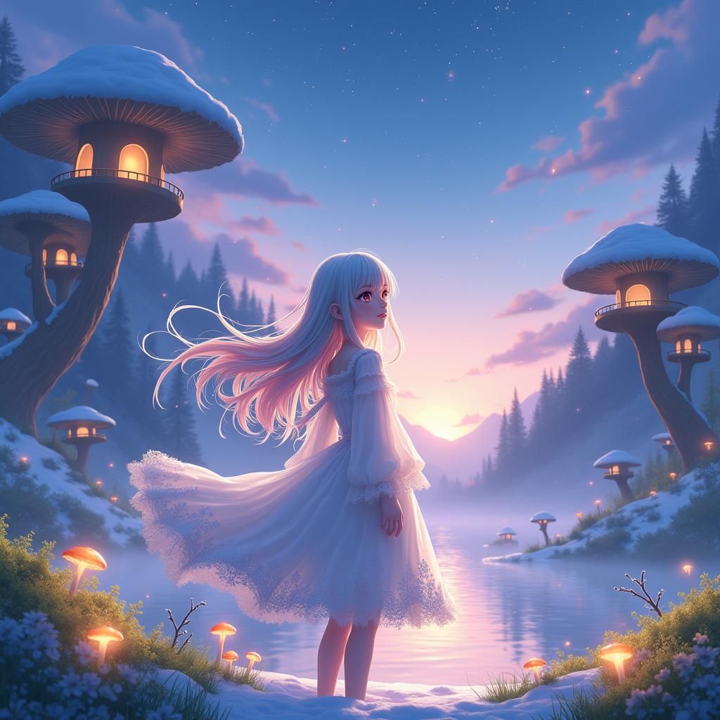 Anime Girl Gazing at Colorful Rain in Fantasy Landscape