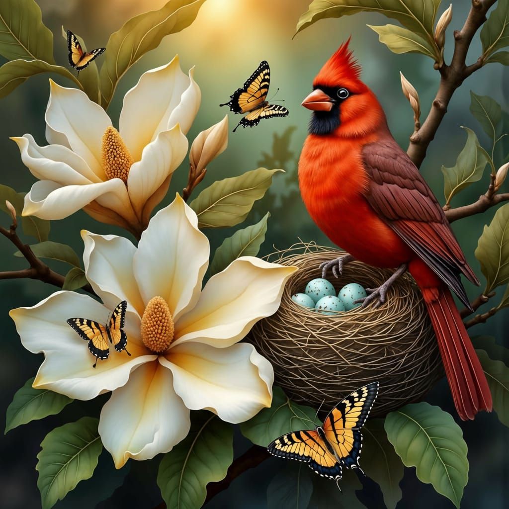Male Cardinal Guards Nest Amidst Magnolia Blooms and Butterf...