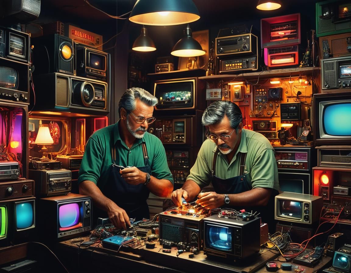 1970s TV Repair Shop: Hyperrealistic Concept Art