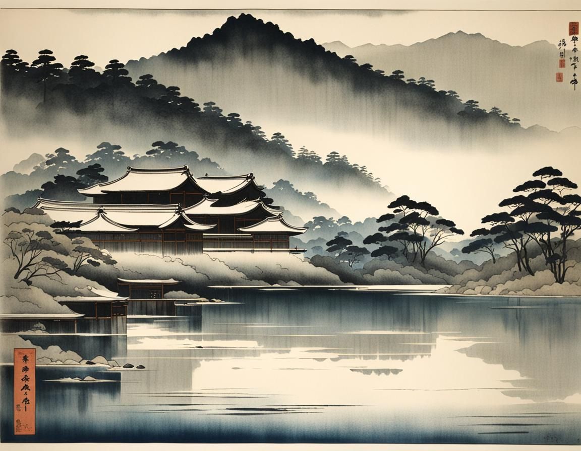Misty River in Shin-Hanga Style
