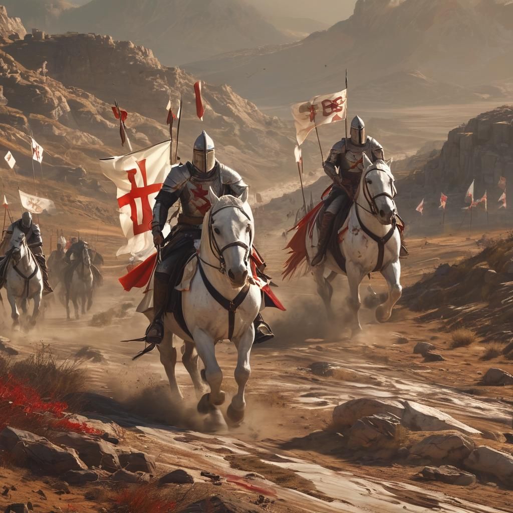 Templar Knights Ride Through Battle-Scarred Landscape