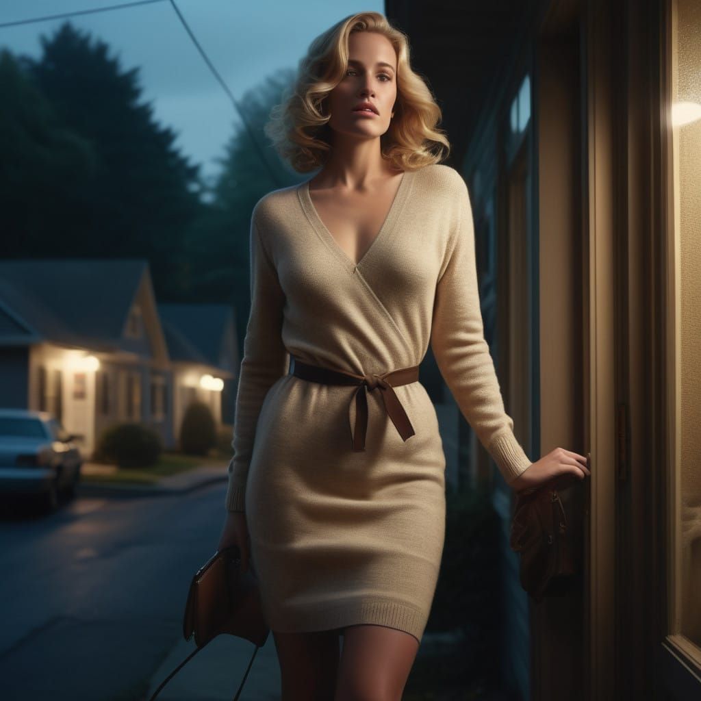 Elegant Blonde Woman in Tan Sweater Dress with Cinematic Lig...