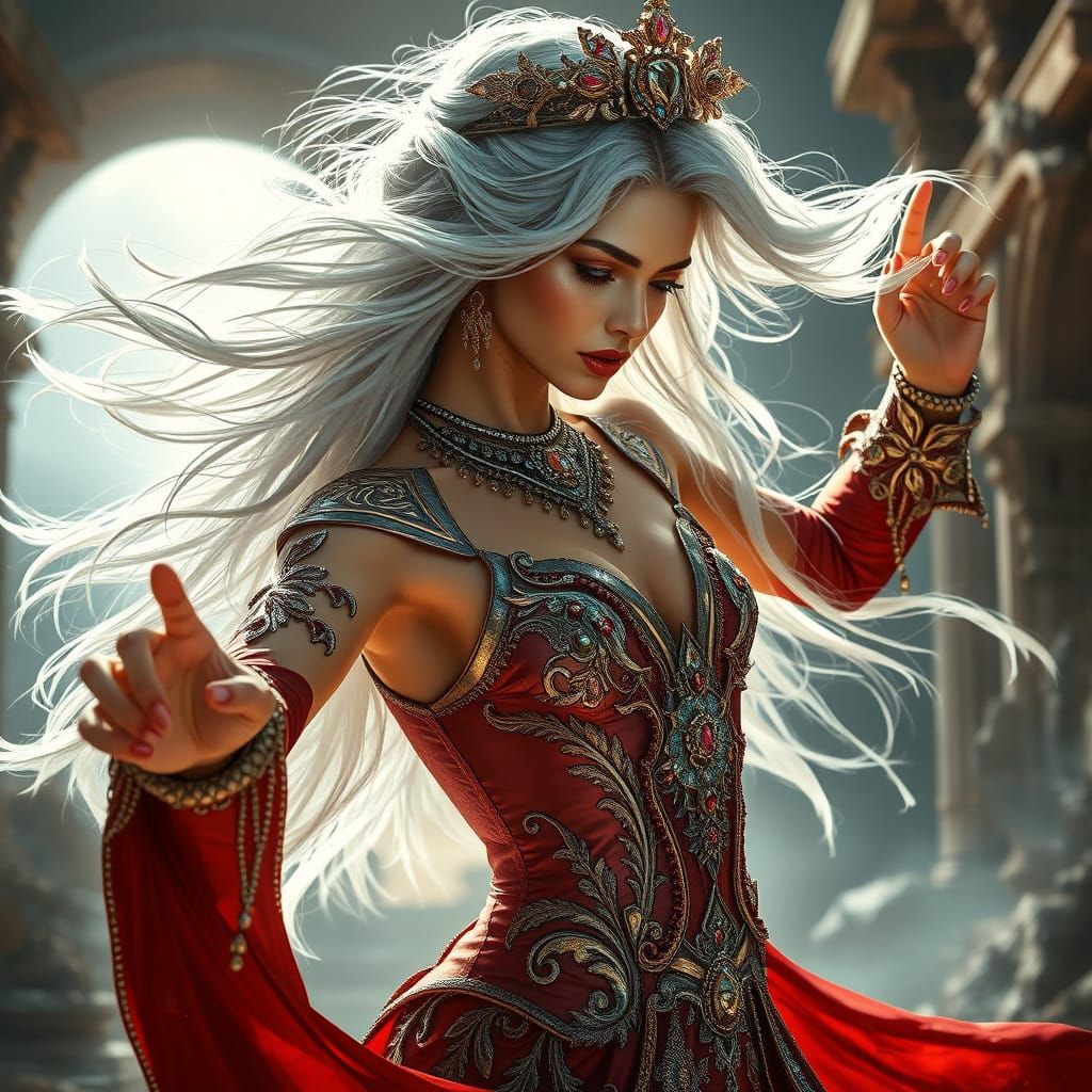 A graceful figure with flowing silver hair dances amid ancie...