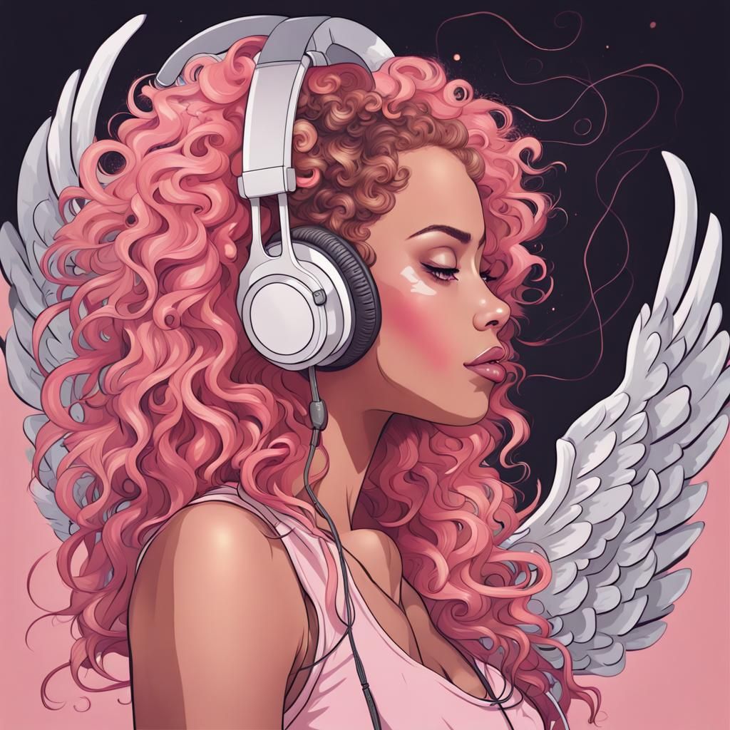 Woman with Winged Headphones and Pink Curly Hair