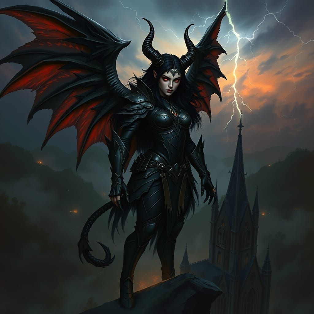 Winged Demoness Overlooking Stormy Landscape