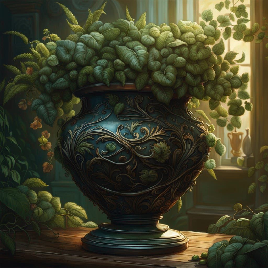 Vine-Covered Vase with Natural Floral Background