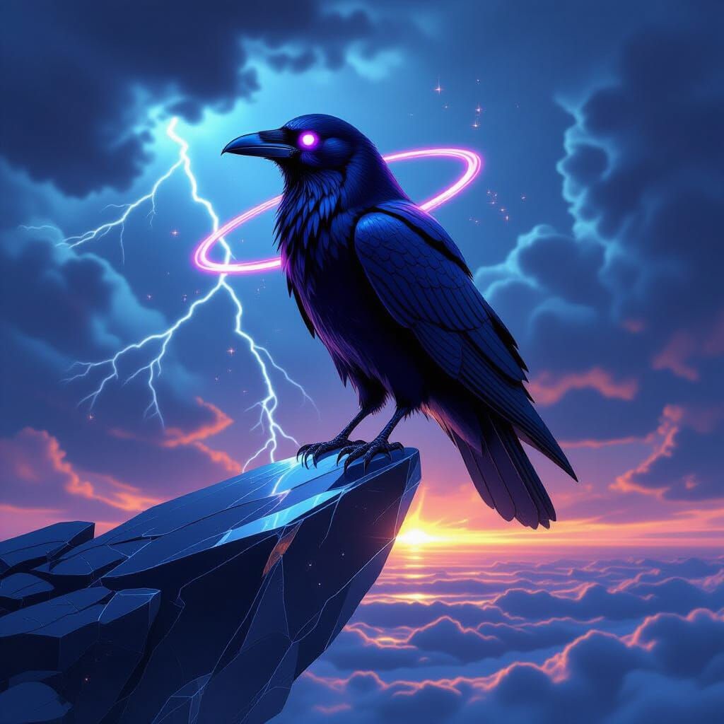 Crystal Raven with Amethyst Eyes in Neon Storm