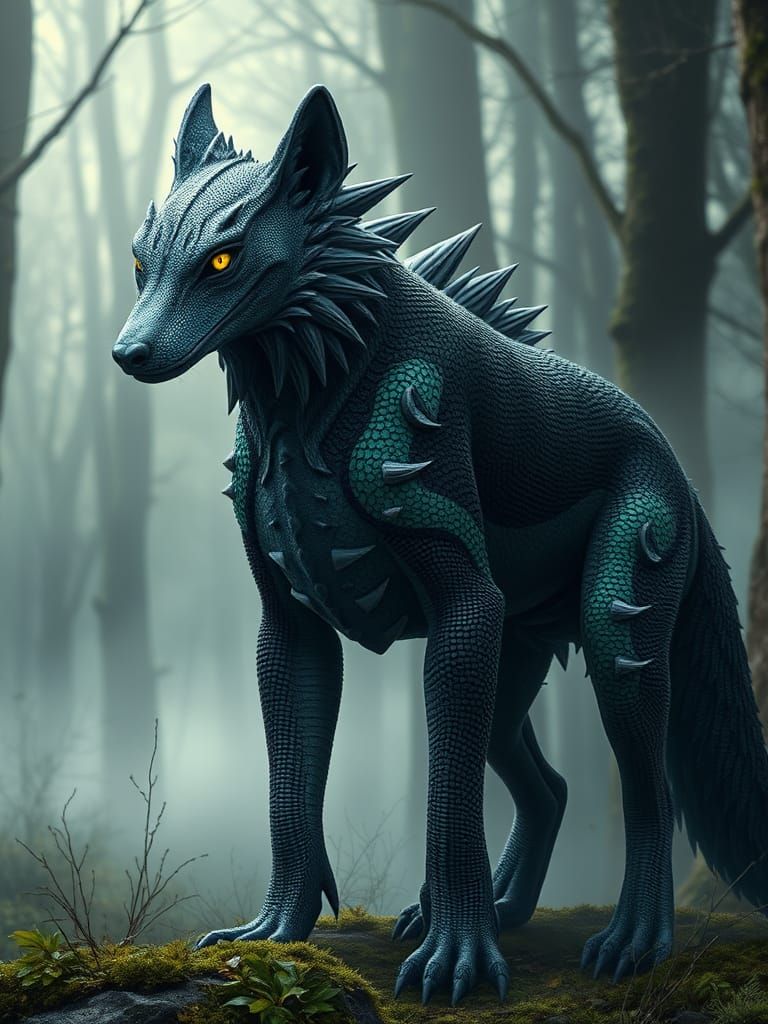 Majestic Dark Fantasy Lizard Wolf Hybrid in Mystical Forest