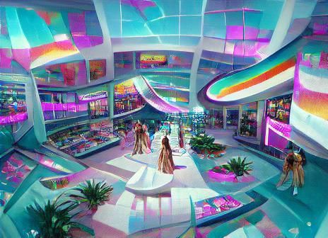 Retrofuturistic Vaporwave Shopping Mall in Space