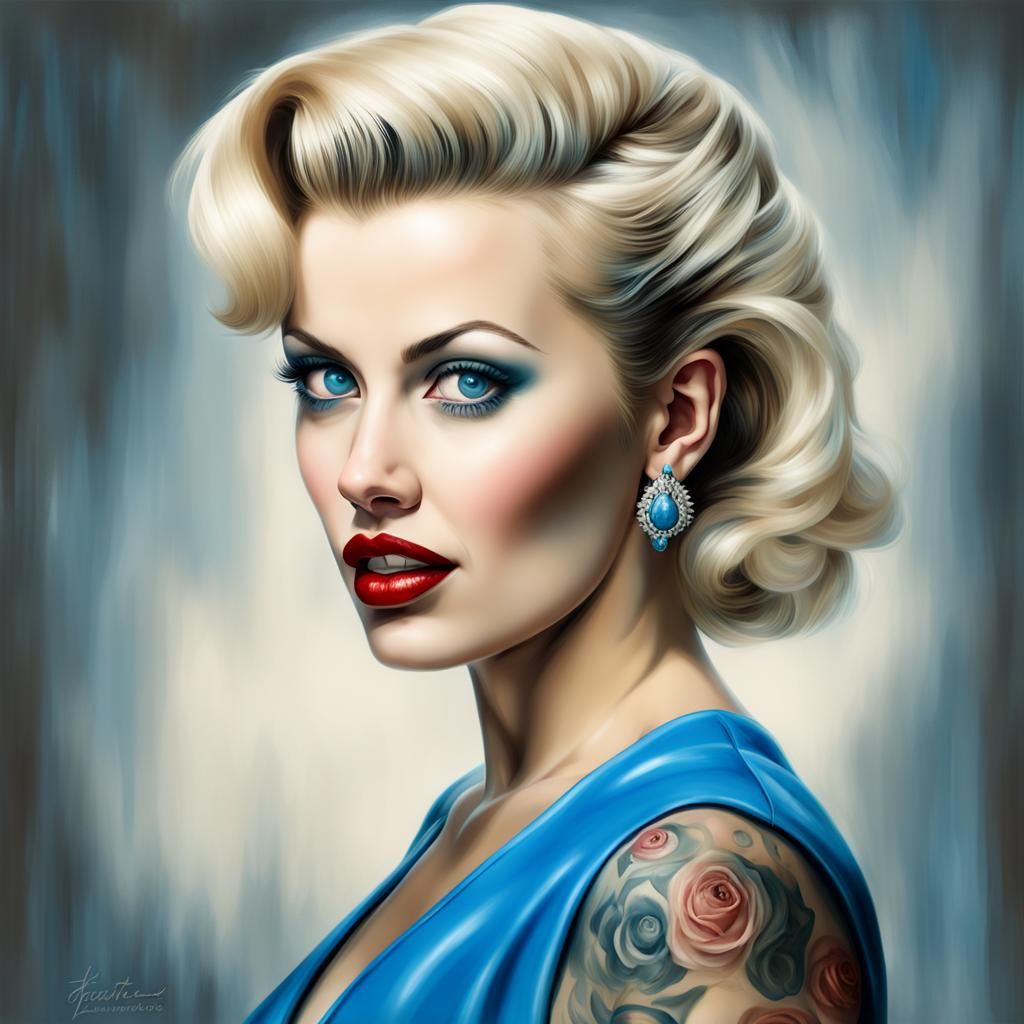Rockabilly Lady with Blue Heels in Airbrush Oil Painting