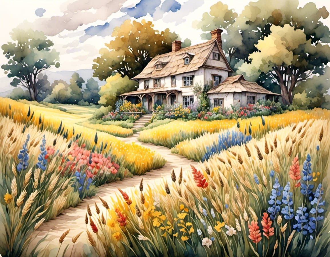 Farmhouse Garden in Antique Watercolor Style