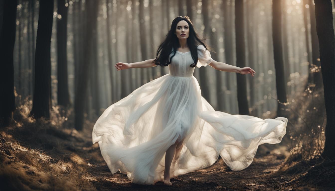 Snow White Running in Forest: 4K Photo