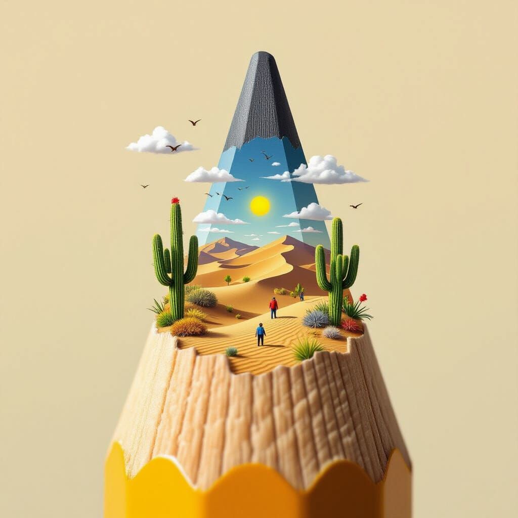 Miniature Desert Landscape Emerges From Giant Pencil Tip
