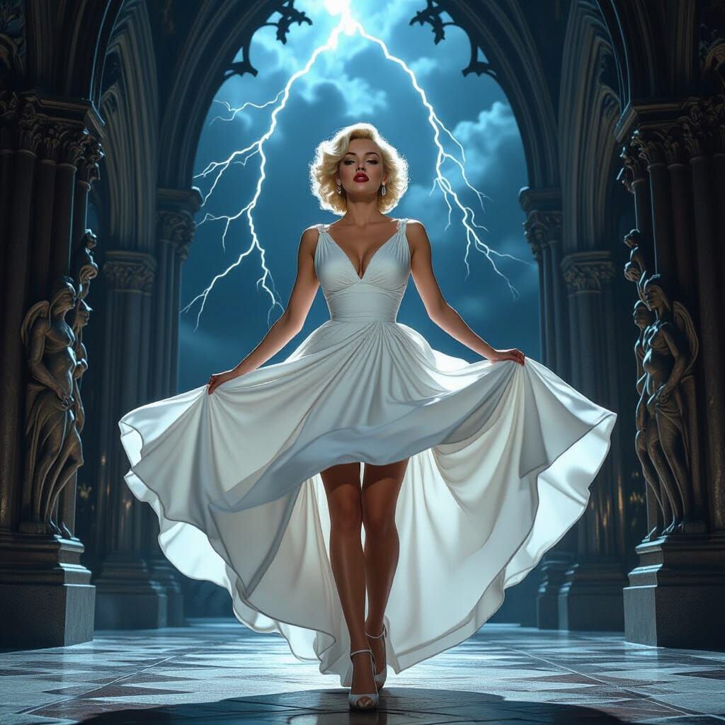 Marilyn Monroe in Gothic Cathedral, Dark Fantasy Art