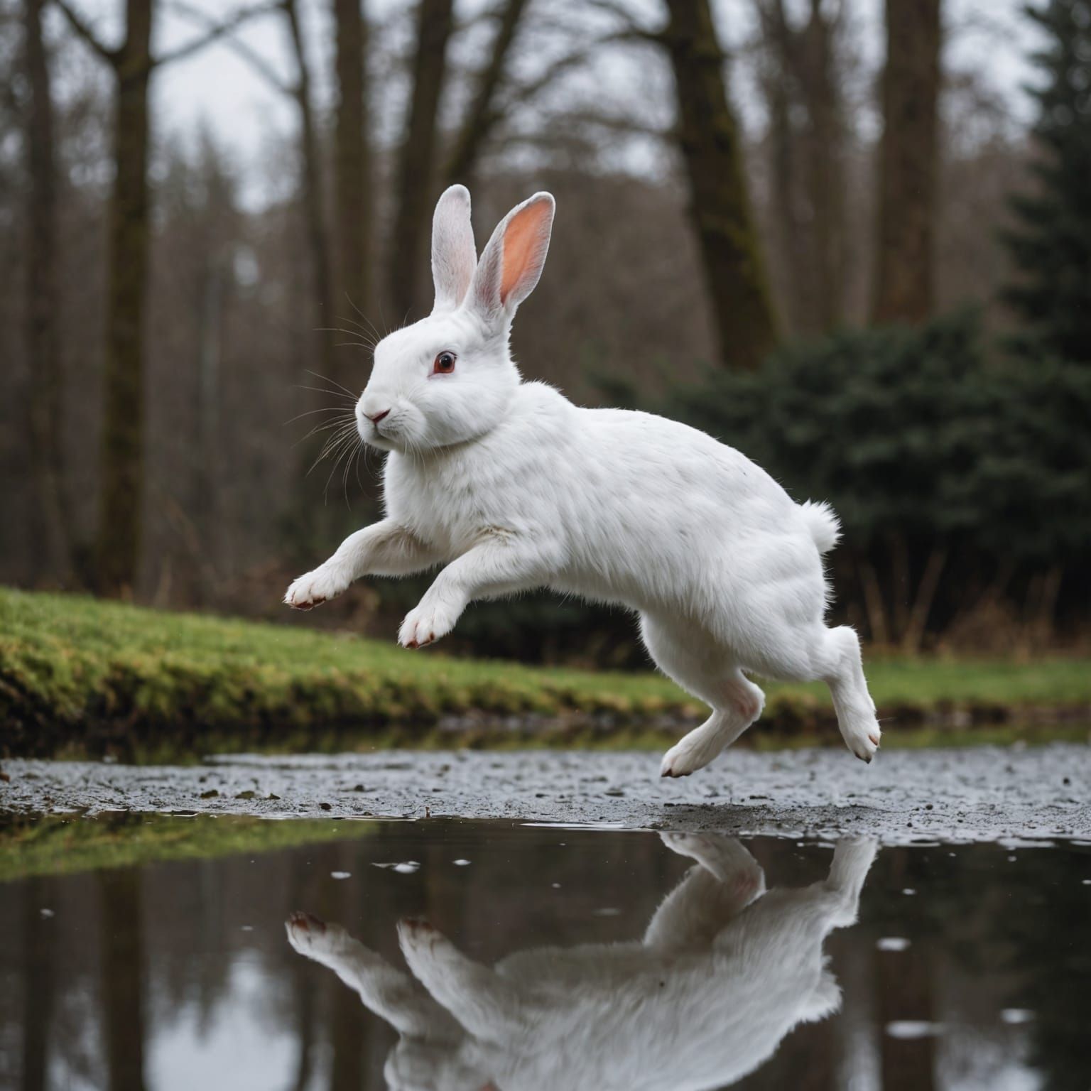 Muscular Snow White Bunny Leaping Over Puddle