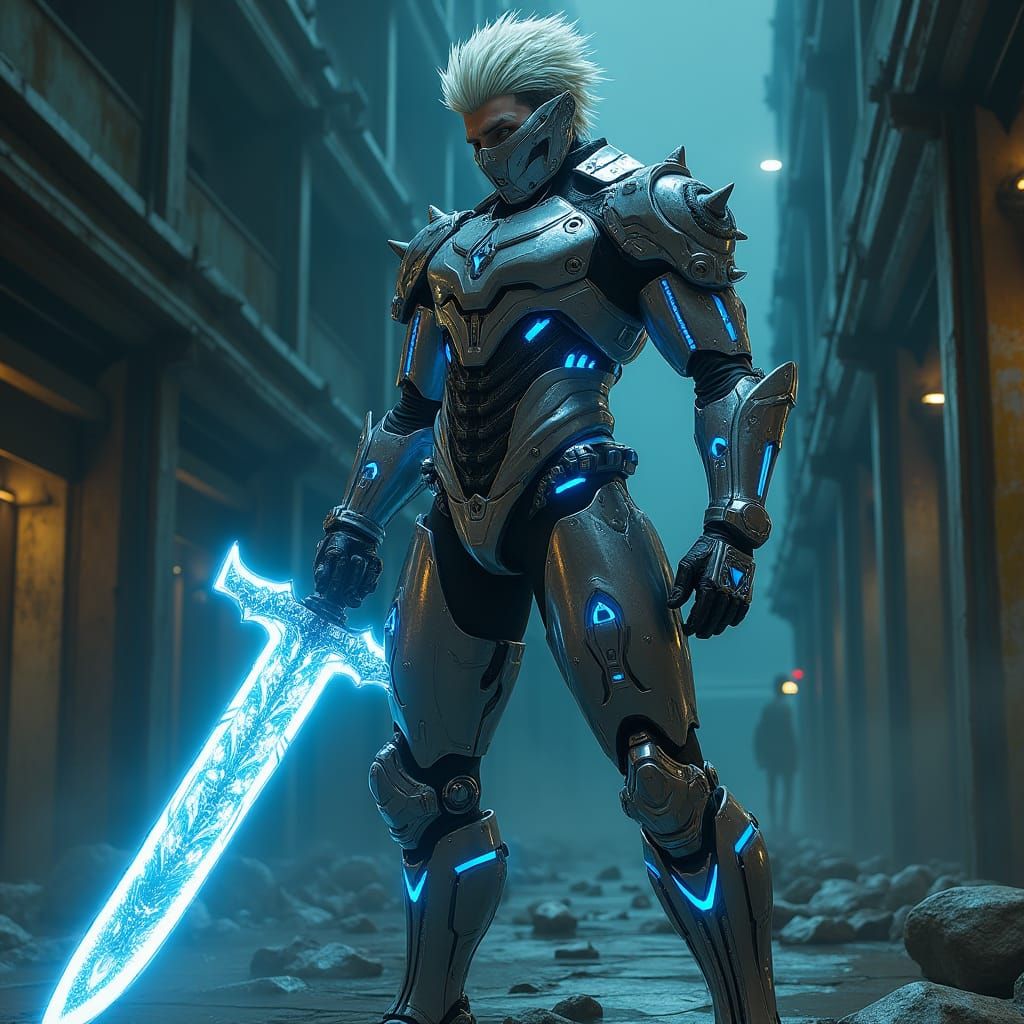 Cyborg Raiden with Neon Sword in Cyberpunk Style