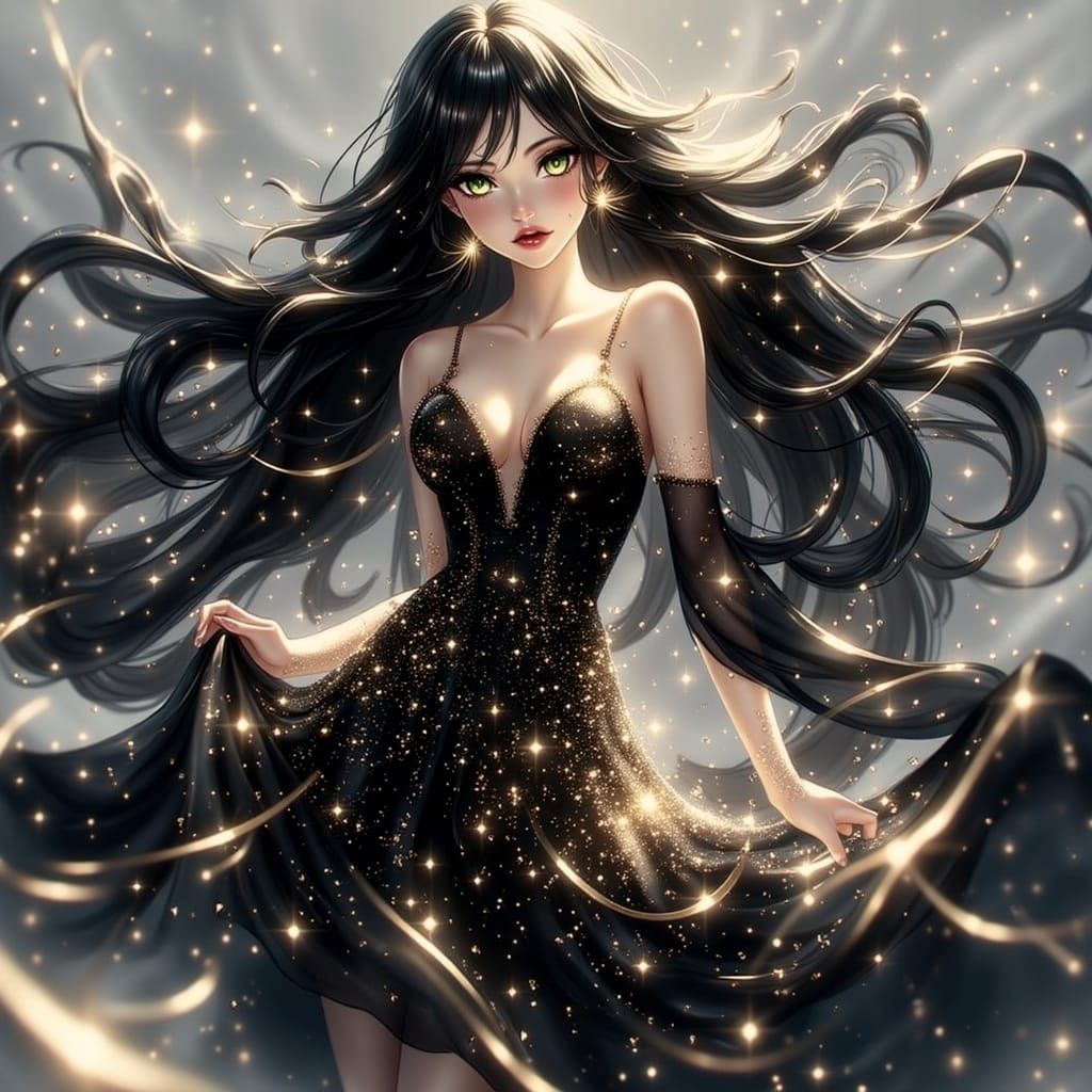 Anime Woman with Emerald Eyes and Starry Dress