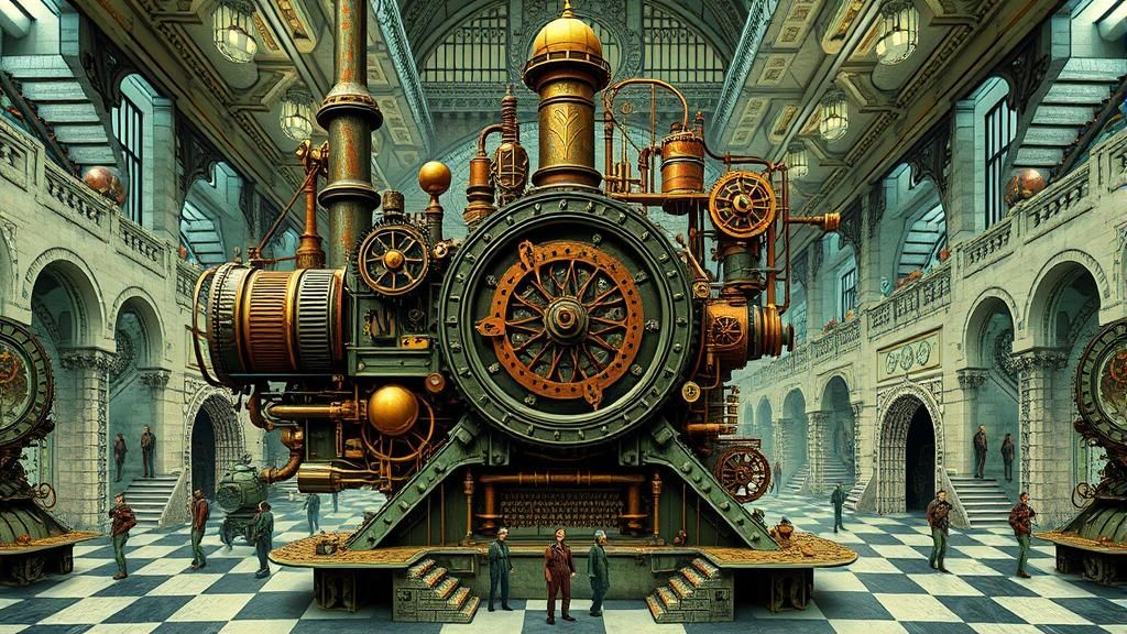 Surreal Fantasy Scene with Steampunk Engine Elements