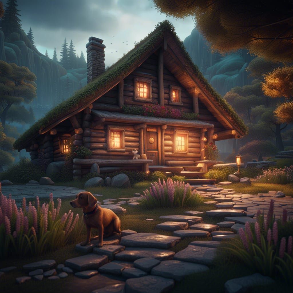 Serene Fantasy Cabin with Dog, Photorealistic 8k