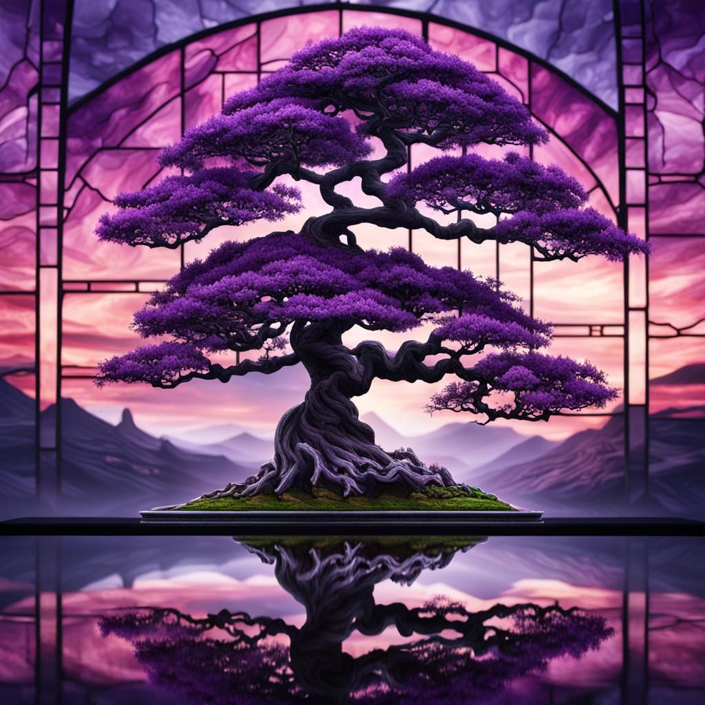 Bonsai Tree with Purple Stained-Glass Landscape