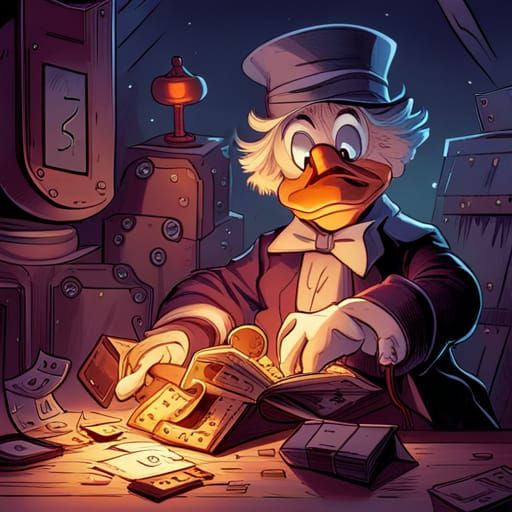Scrooge McDuck Counting Money in Comic Book Art