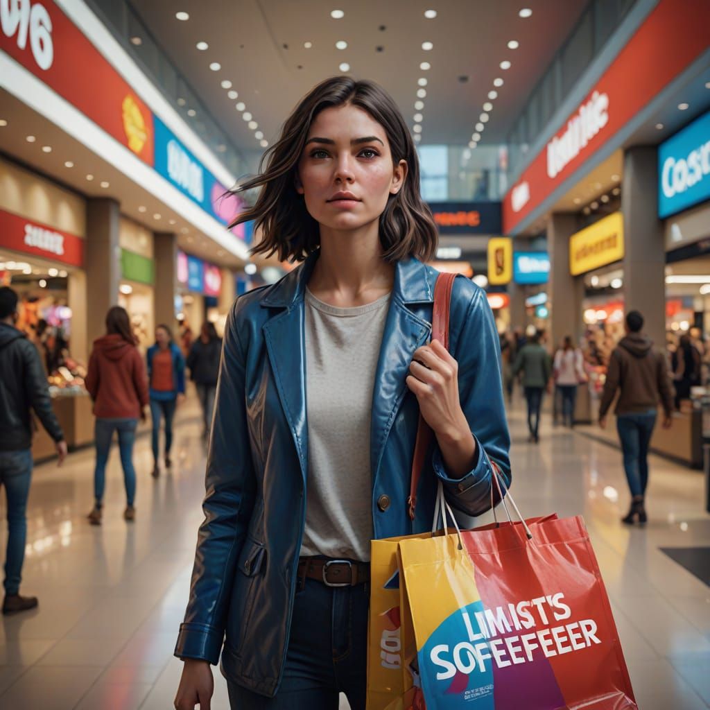 Young Consumer Contemplates Sale in Bustling Shopping Mall