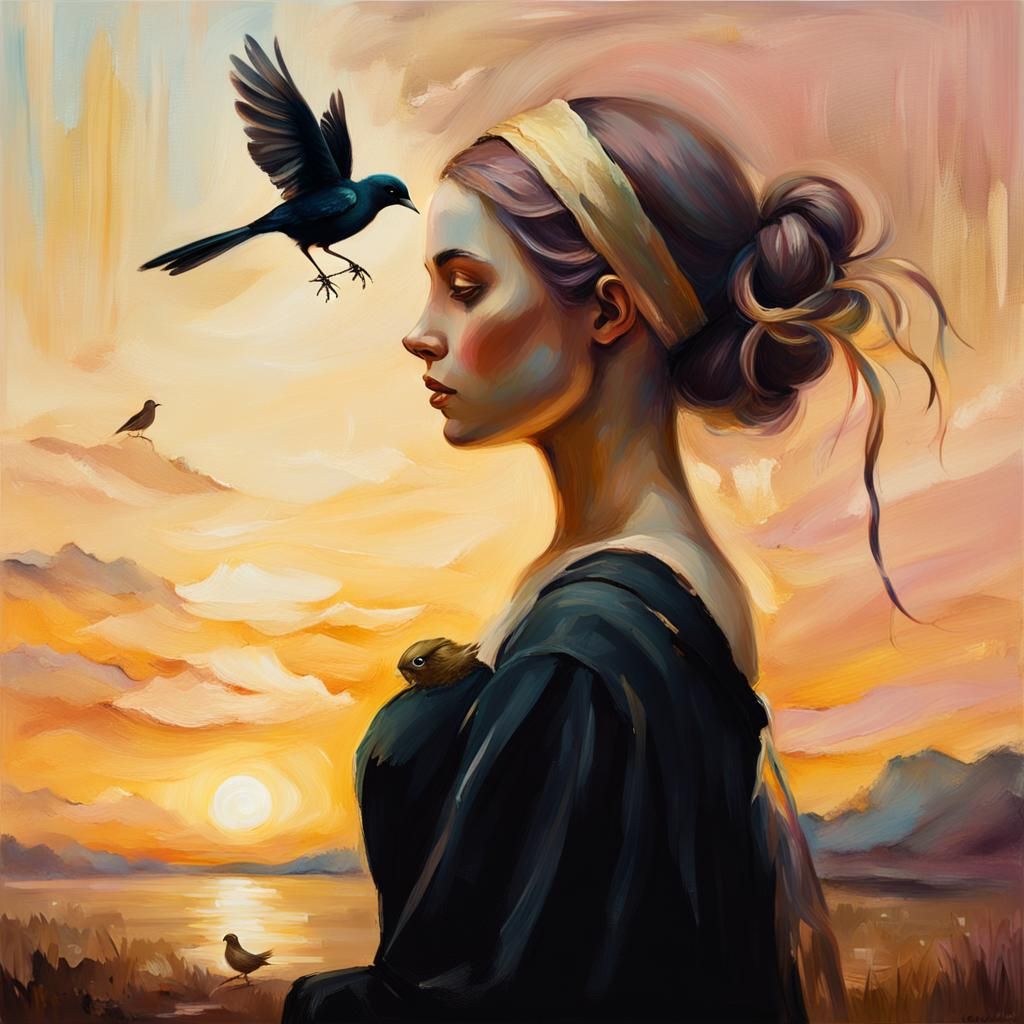 Ethereal Woman with Bird: Fantastical Oil Painting