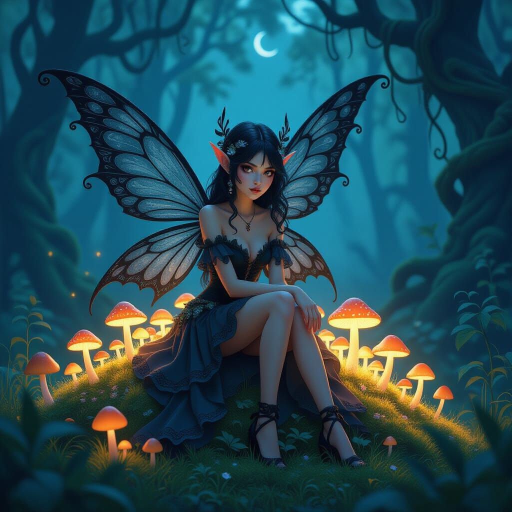 Dark Fairy on Mushroom Field in Forest