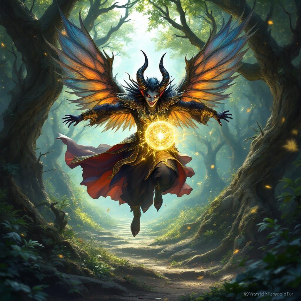 Tiefling Royal Pursues Orb in Mystical Forest