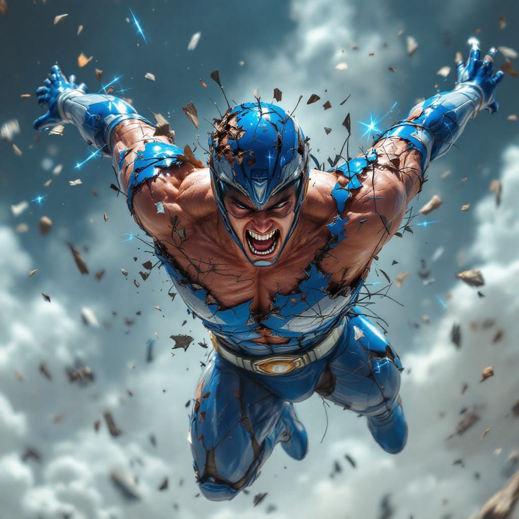 A heroic, shirtless bloodied, sweaty, handsome Japanese man as Blue Ranger in the middle of an intense armor-breaking mo...
