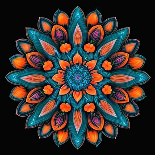 Psychedelic Mandala: Colorful Flower on Black, Digital Art