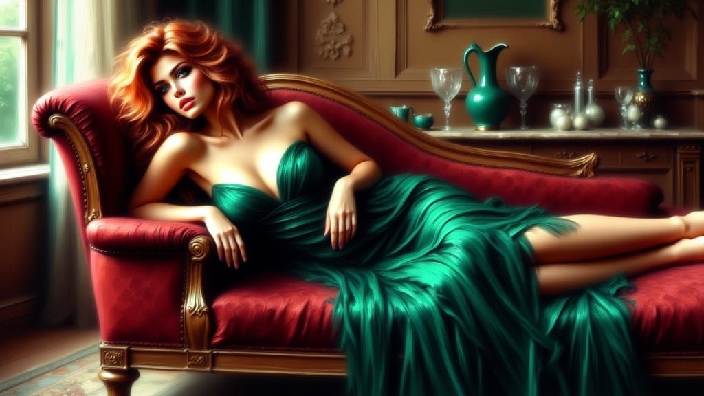 Sensual Pin-Up Lady in Emerald Gown