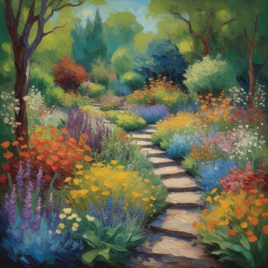 Neo-Impressionist Garden Scene with Impasto Texture