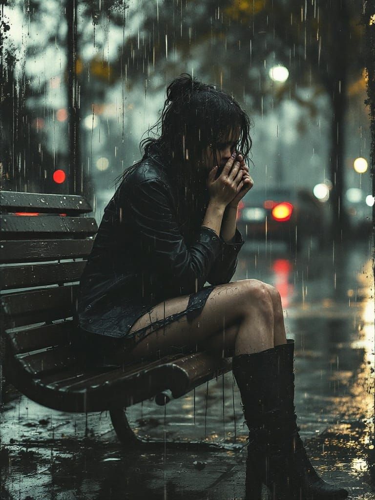 Woman in Rainy Night, Park Bench Amidst Turbulent Skies