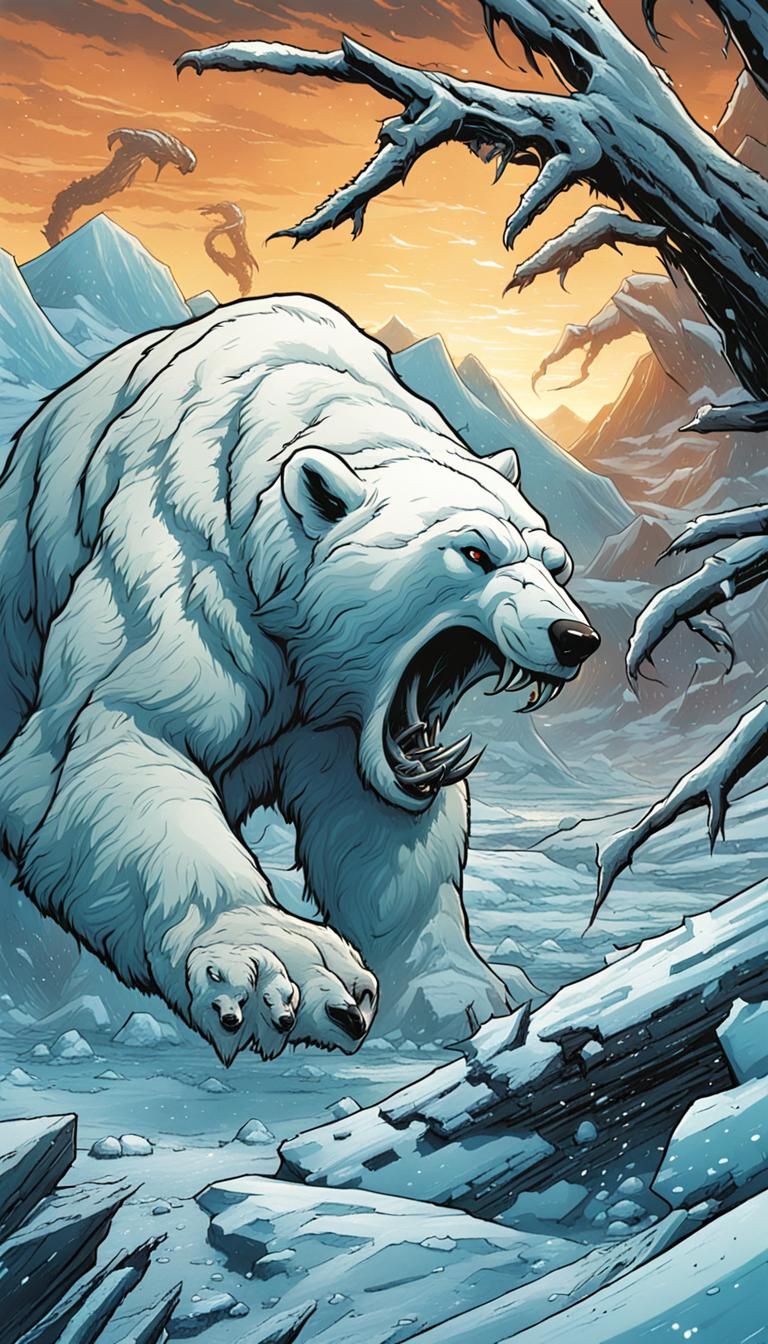 Polar bear battling giant scorpion , Arctic setting