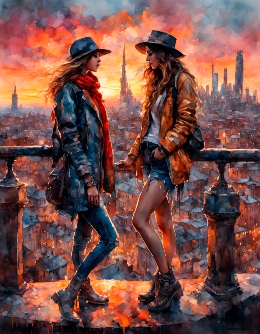 Romantic Lesbian Couple Portrait at Sunset