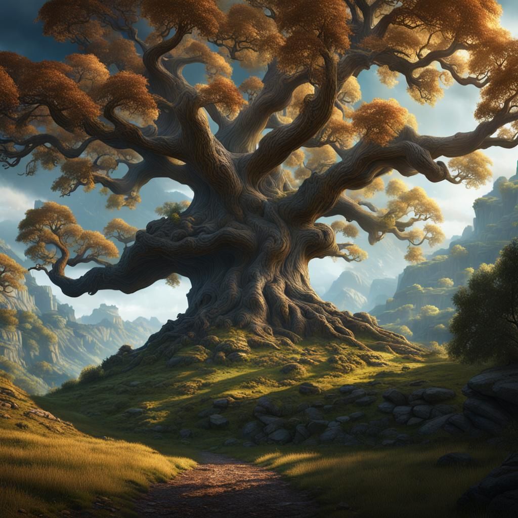 Giant Oak Tree Valley View: Detailed Matte Painting