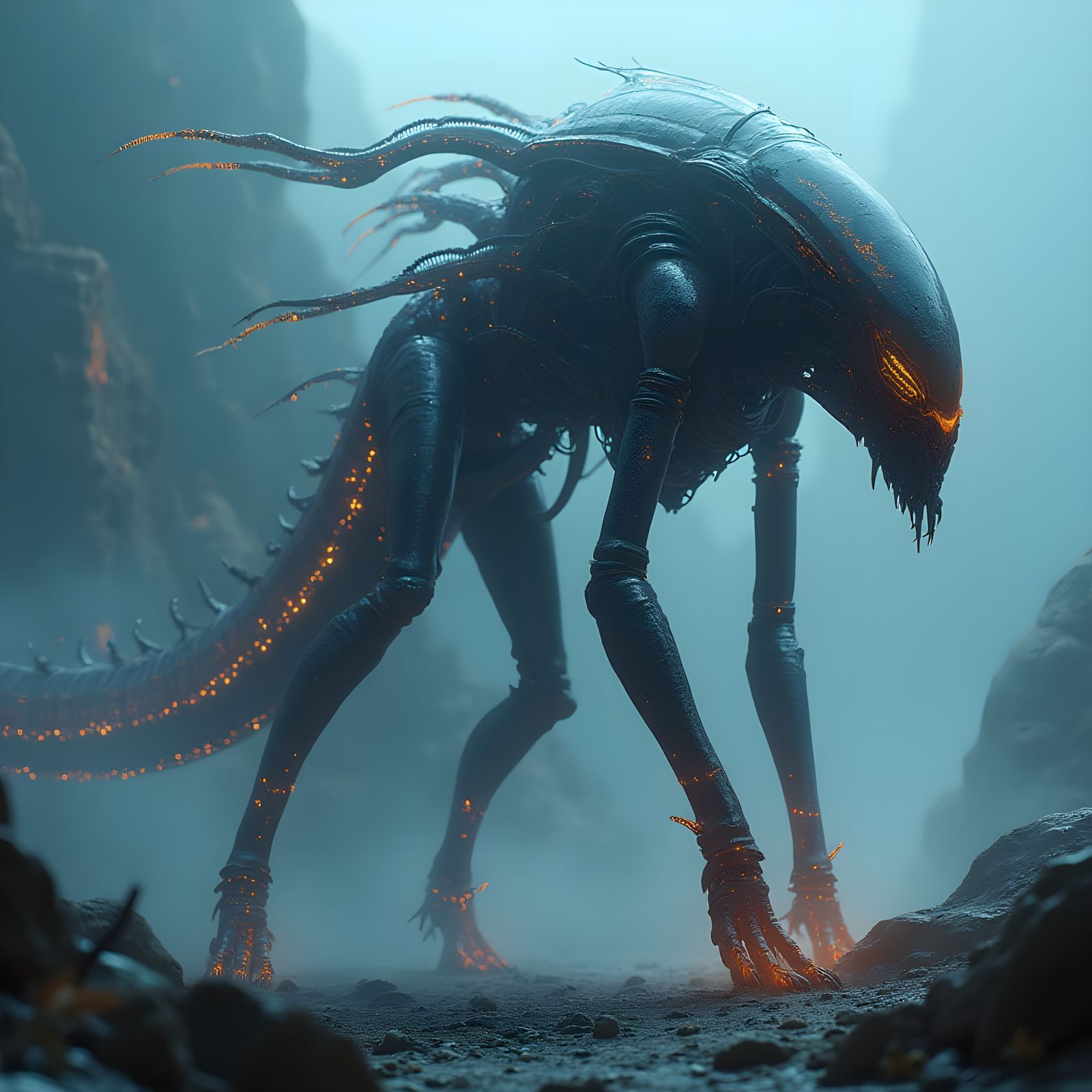 Biomechanic Alien Entity with Elongated Insectoid Body and G...