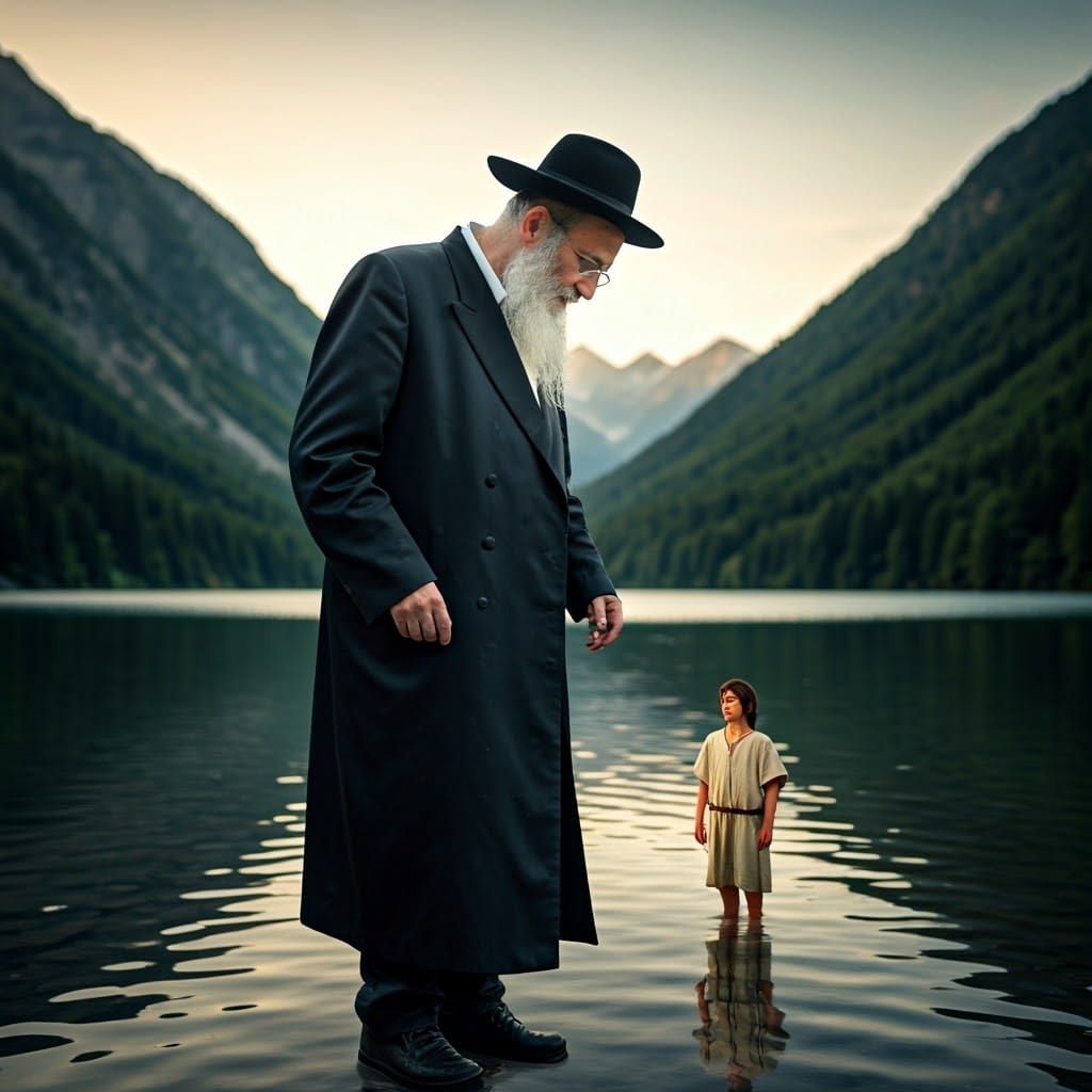 Hassidic Jew's Reflection: A Biblical Boy in Lake