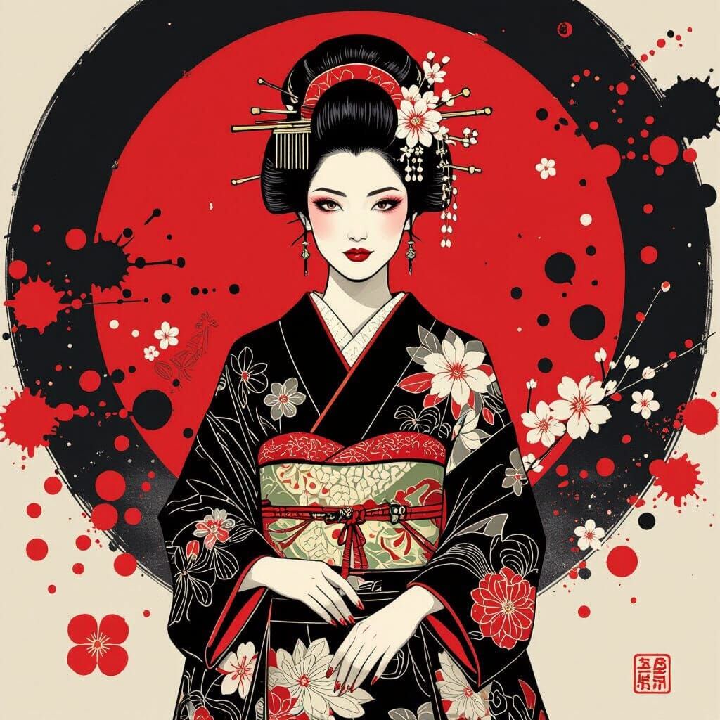 Woman in Kimono with Japanese Art Style Backdrop