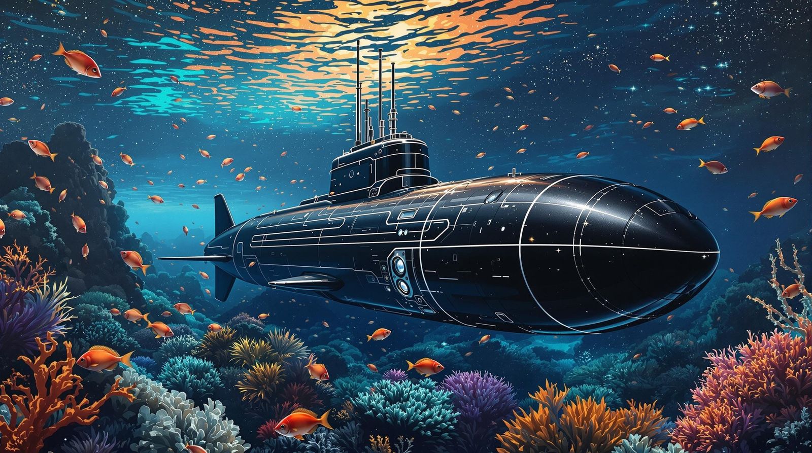 Bioluminescent Submarine in Klimt-Inspired Underwater Painti...