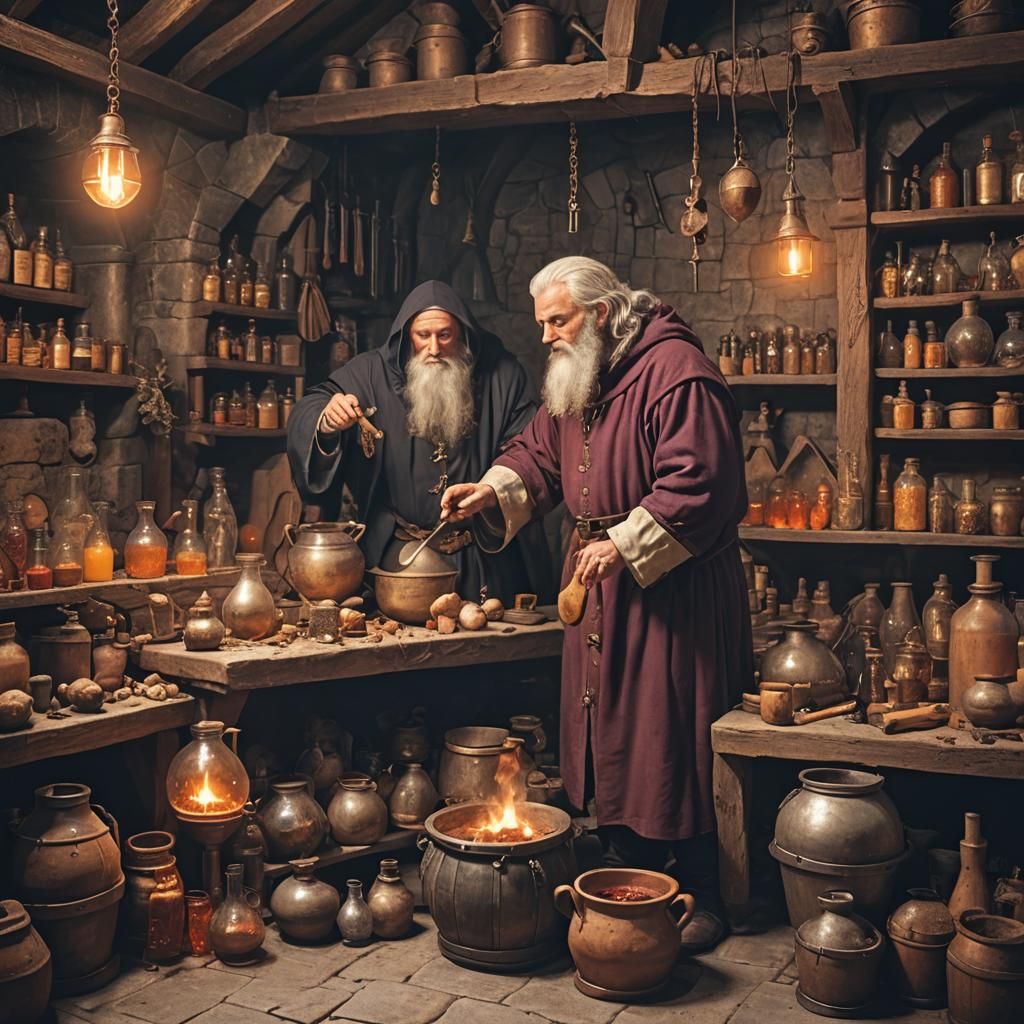Alchemist's Medieval Lair: Brewing a Potion