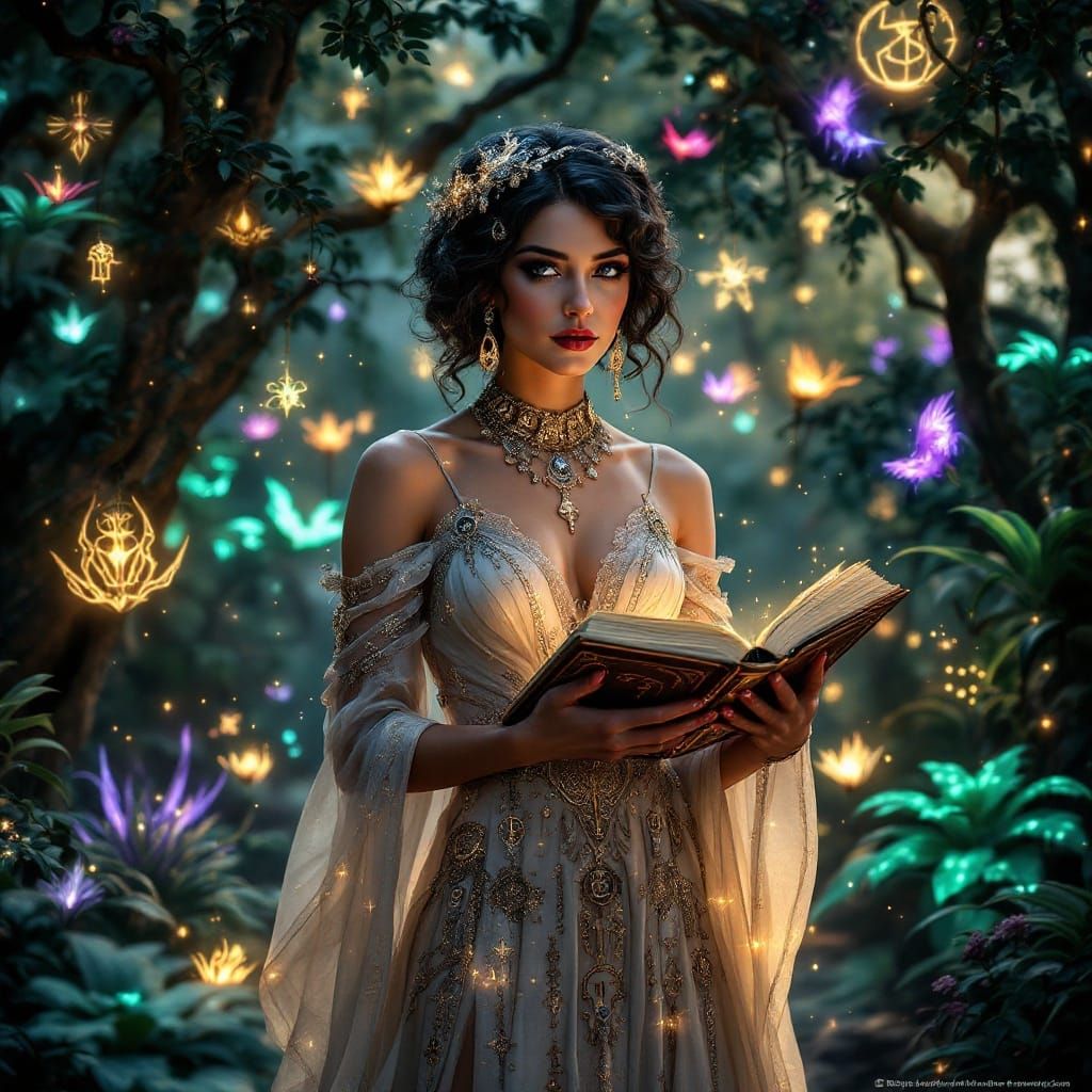 Elegant Woman in Enchanted Retro Futurism Landscape