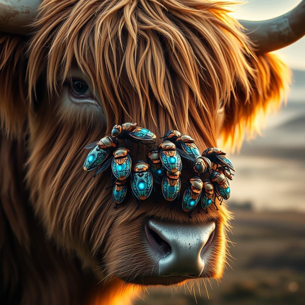 Cyberpunk Highland Cow Fleas in Golden Light