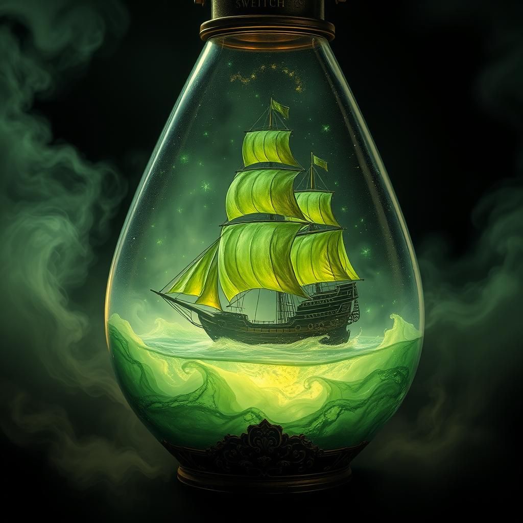 Green ghostly ship in a bottle
