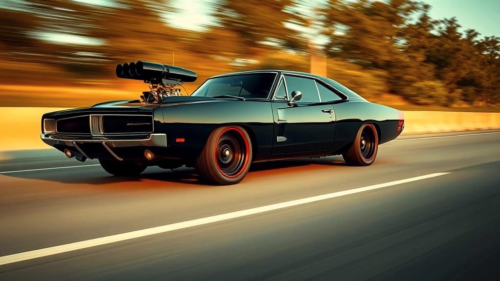 Black 1969 Dodge Charger Speeding on Freeway